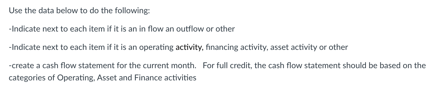 Use the data below to do the following: -Indicate next to