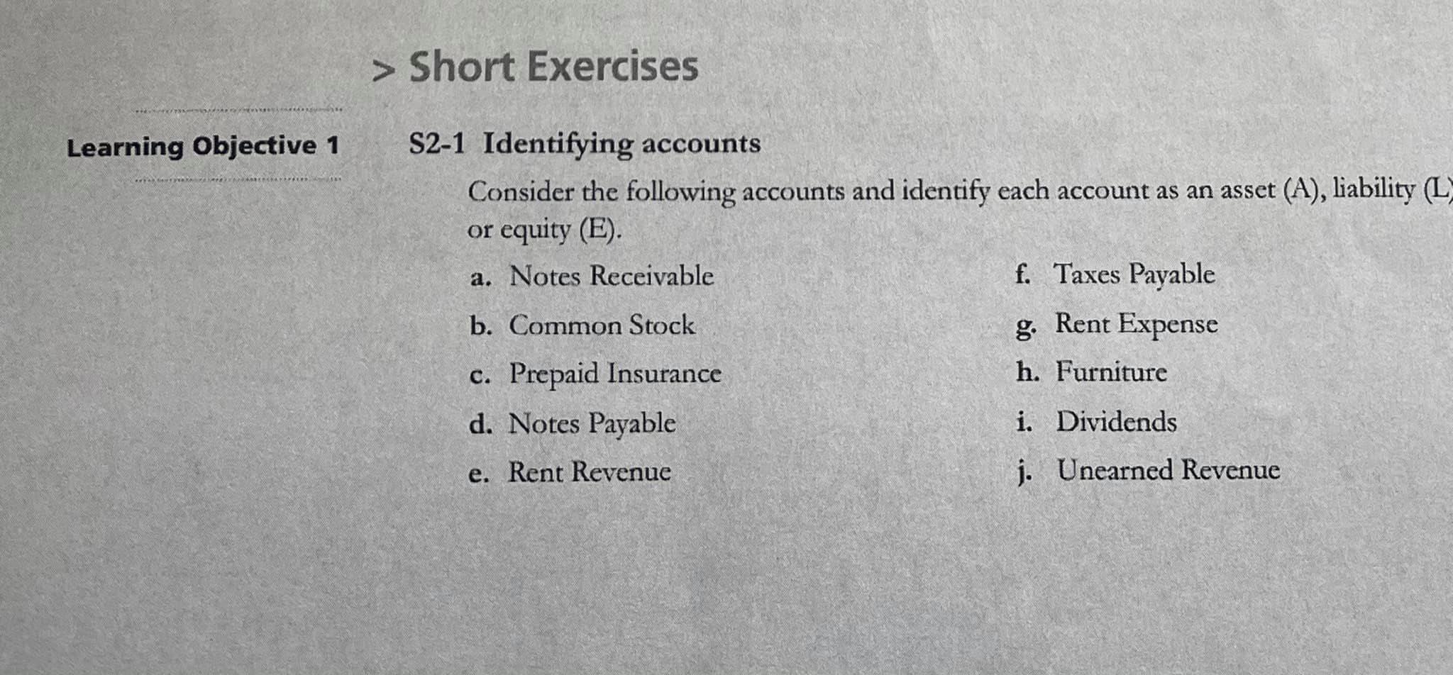  > Short Exercises Learning Objective 1 *** S2-1 Identifying accounts Consider