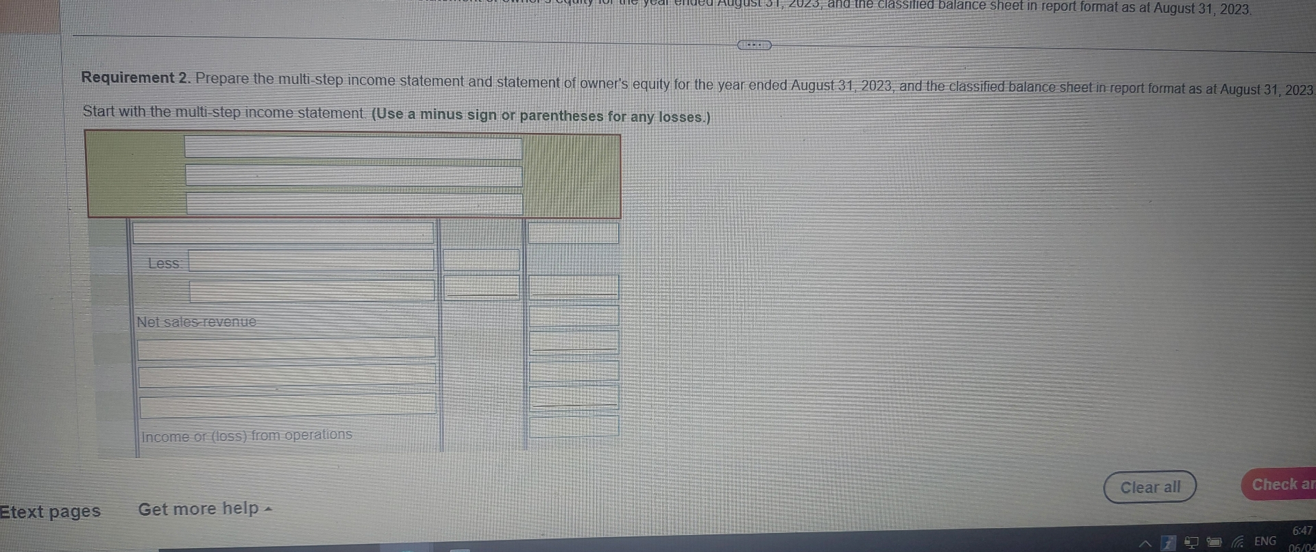  Requirement 2. Prepare the multi-step income statement and statement of owner's