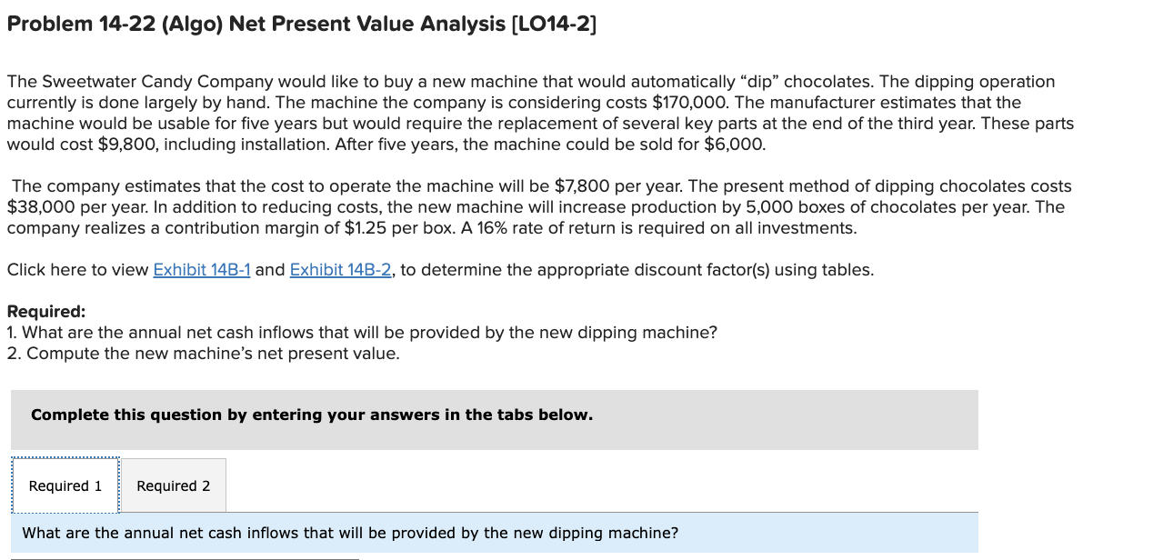 Problem 14-22 (Algo) Net Present Value Analysis (LO14-2] The Sweetwater Candy