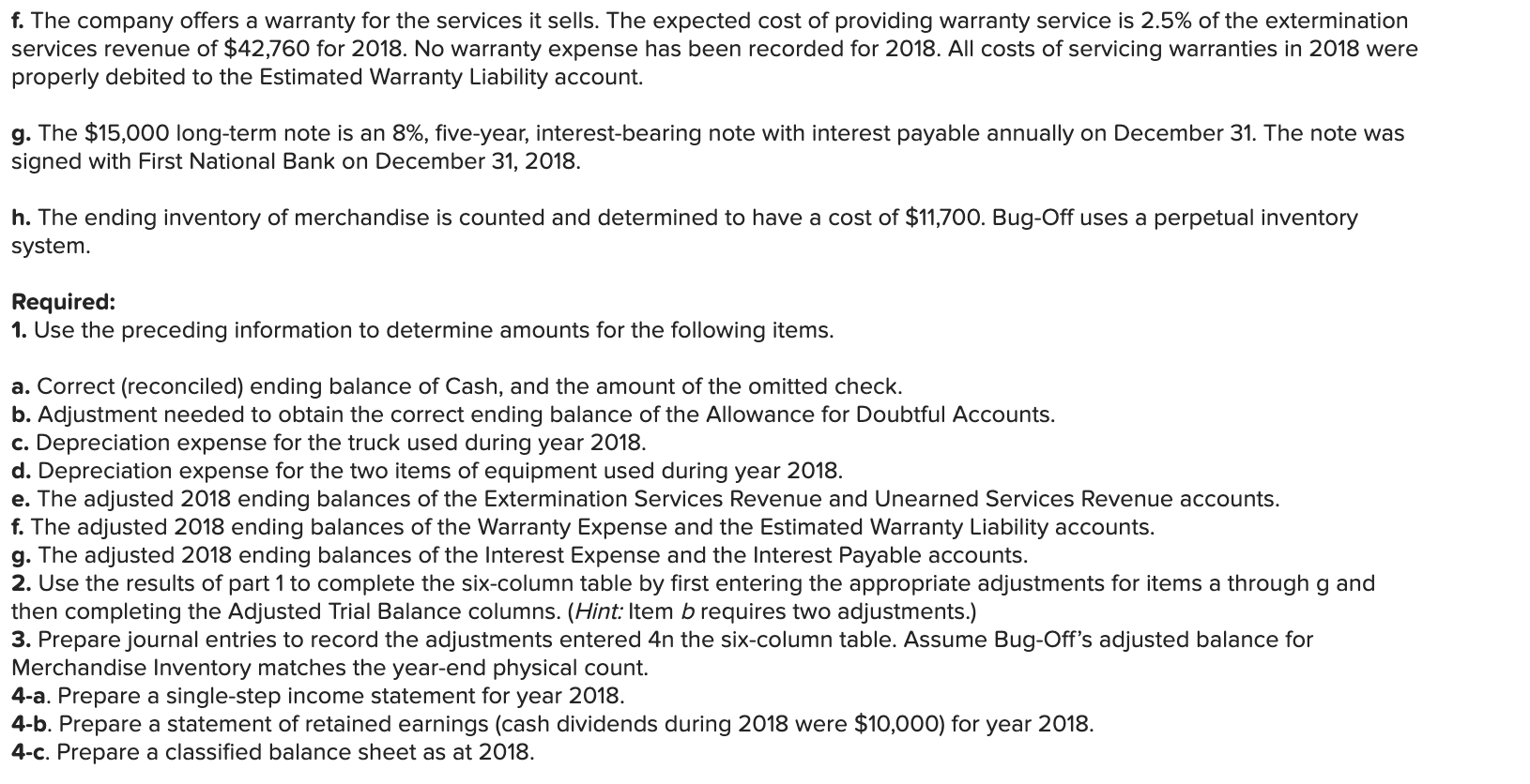 balance as of December 31, 2018. BUG-OFF EXTERMINATORS December 31, 2018 Unadjusted