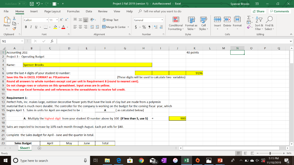  Project 3 Fall 2019 (version 1) - Auto Recovered - Excel