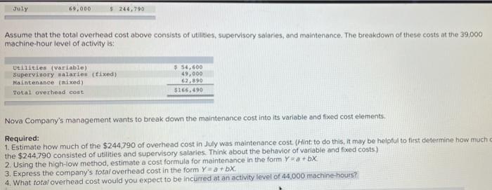 total overhead cost at various levels of activity are presented below: Month