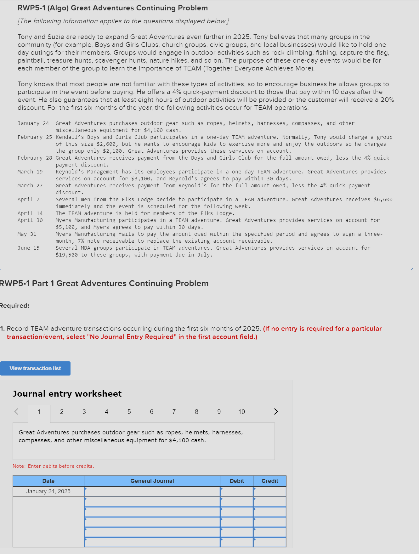  RWP5-1(Algo) Great Adventures Continuing Problem [The following information applies to the