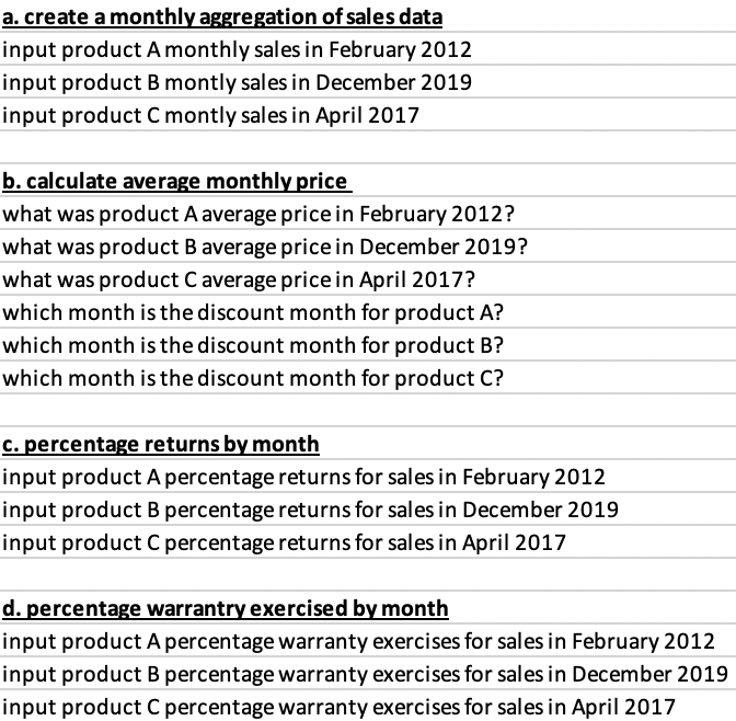  How to perform calculations a-d in excel a. create a monthly