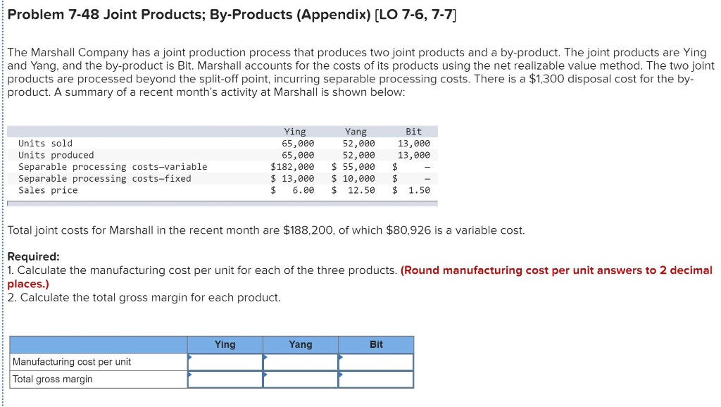  Problem 7-48 Joint Products; By-Products (Appendix) [LO 7-6, 7-7] The Marshall