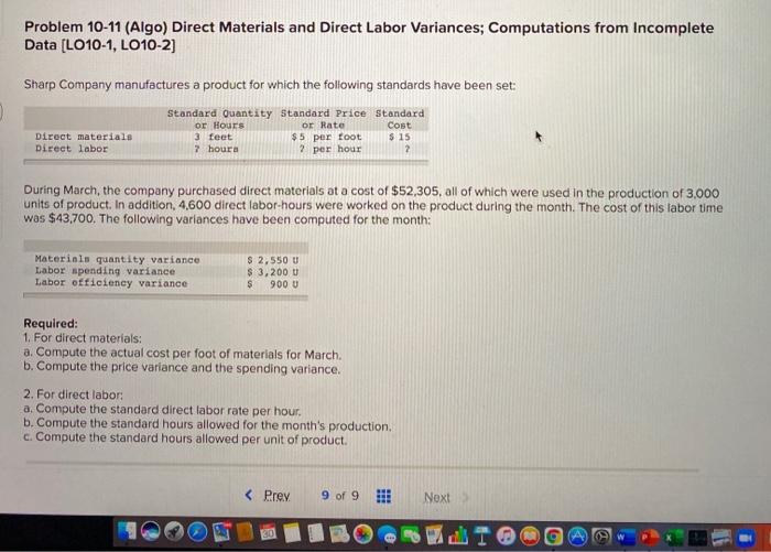  Problem 10-11 (Algo) Direct Materials and Direct Labor Variances; Computations from