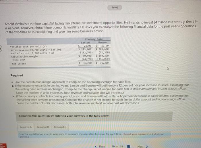  Saved Arnold Vimka is a venture capitalist facing two alternative investment