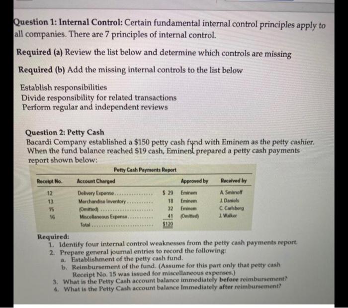  Question 1: Internal Control: Certain fundamental internal control principles apply to