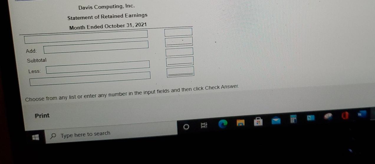 Davis Computing, Inc. Statement of Retained Earnings Month Ended October 31,