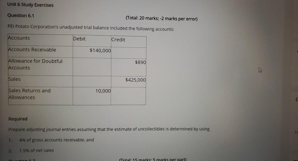  Unit 6 Study Exercises Question 6.1 (Total: 20 marks; -2 marks