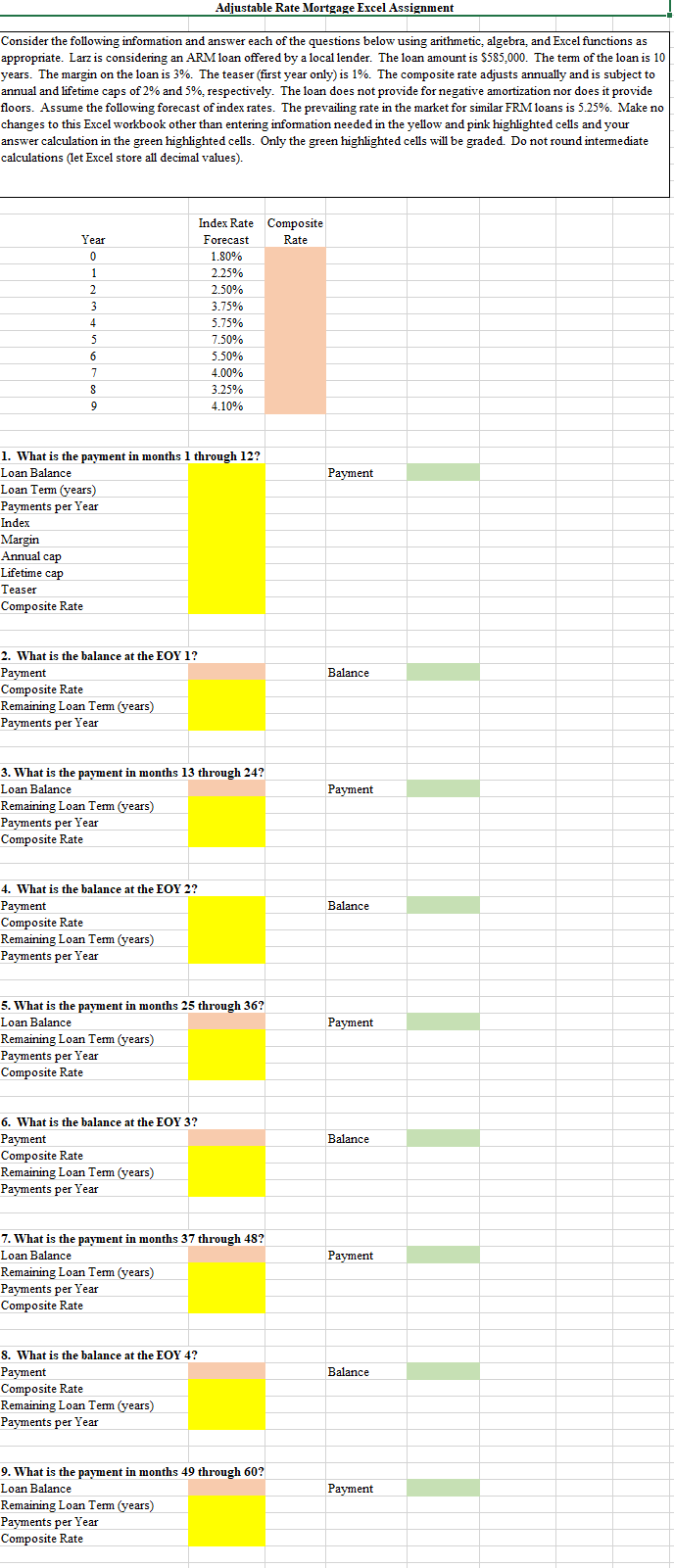 PLEASE SHOW EXCEL FORMULAS Adjustable Rate Mortgage Excel Assignment Consider the