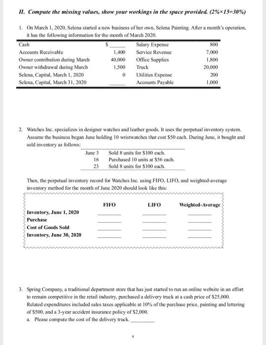  II. Compute the missing values, show your workings in the space