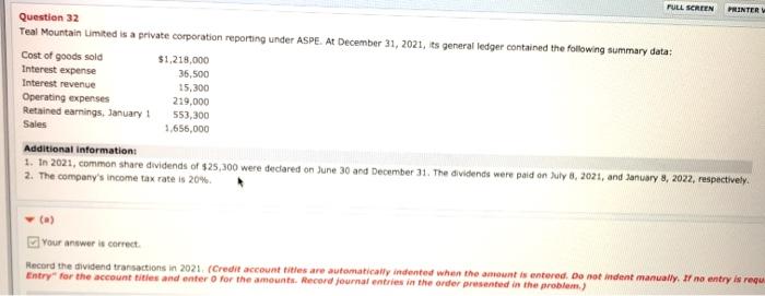  FULL SCREEN PRINTER Question 32 Teal Mountain Limited is a private