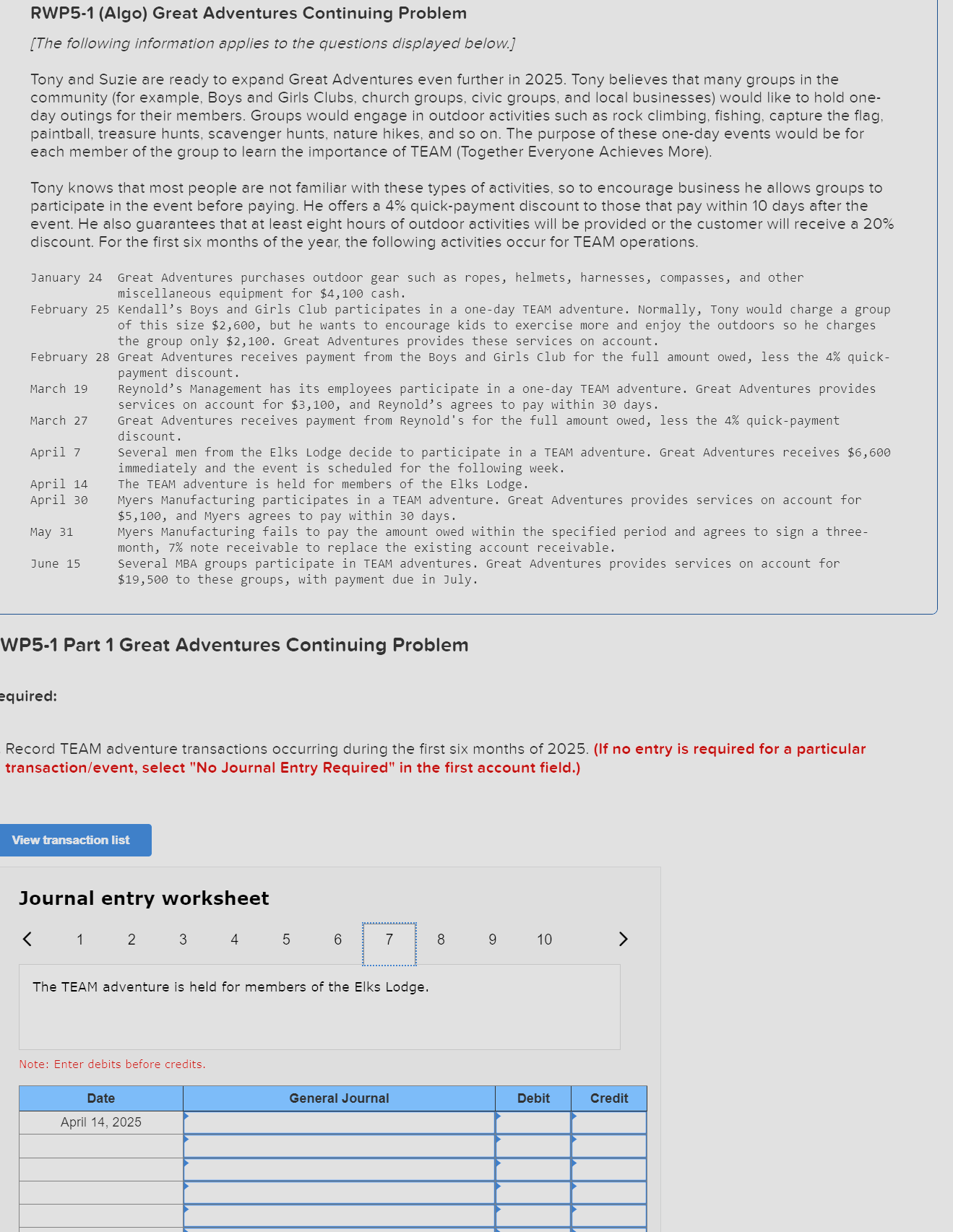  RWP5-1(Algo) Great Adventures Continuing Problem [The following information applies to the