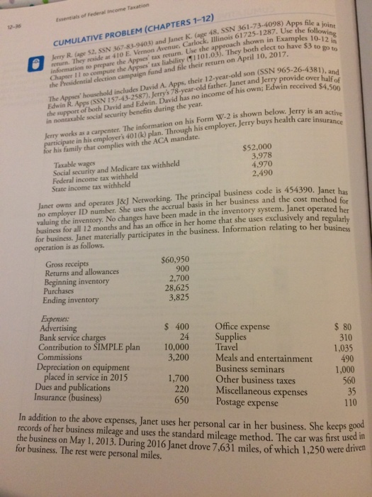 I need help with Cumulative problem (chapters 1-12) Pg. 12-36 of Federal