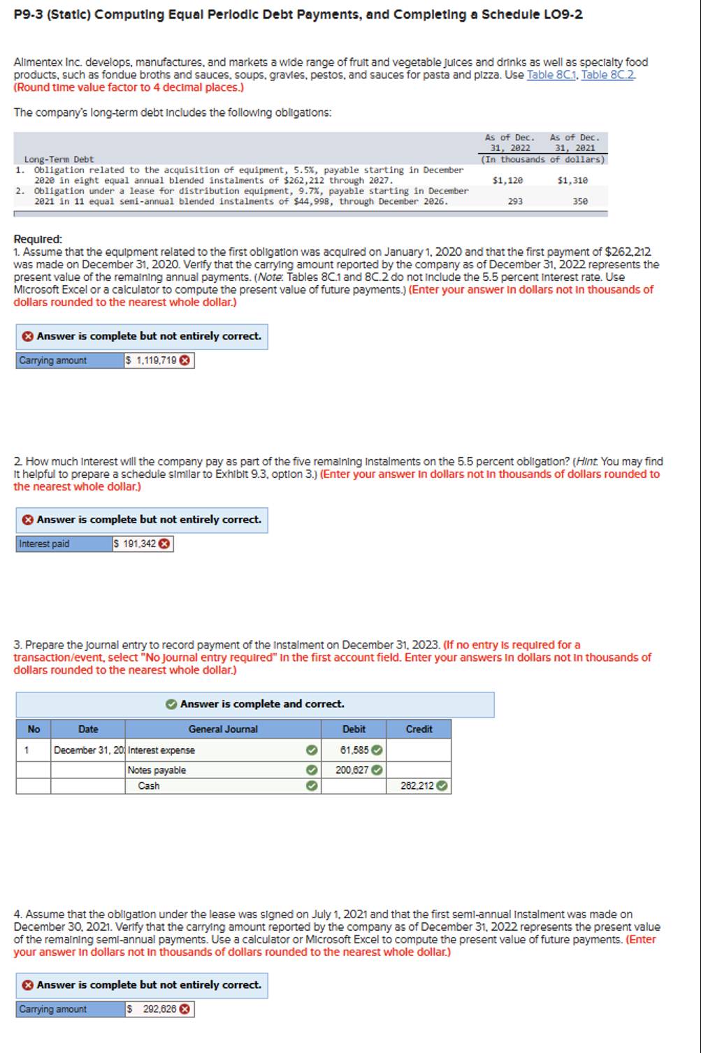  P9-3(Static) Computing Equal Perlodlc Debt Payments, and Completing a Schedule L09-2