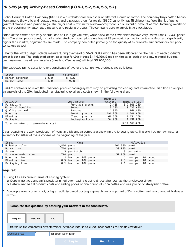  PR 5-56(Algo) Activity-Based C osting (LO 5-1,5- Req 1A Determine the