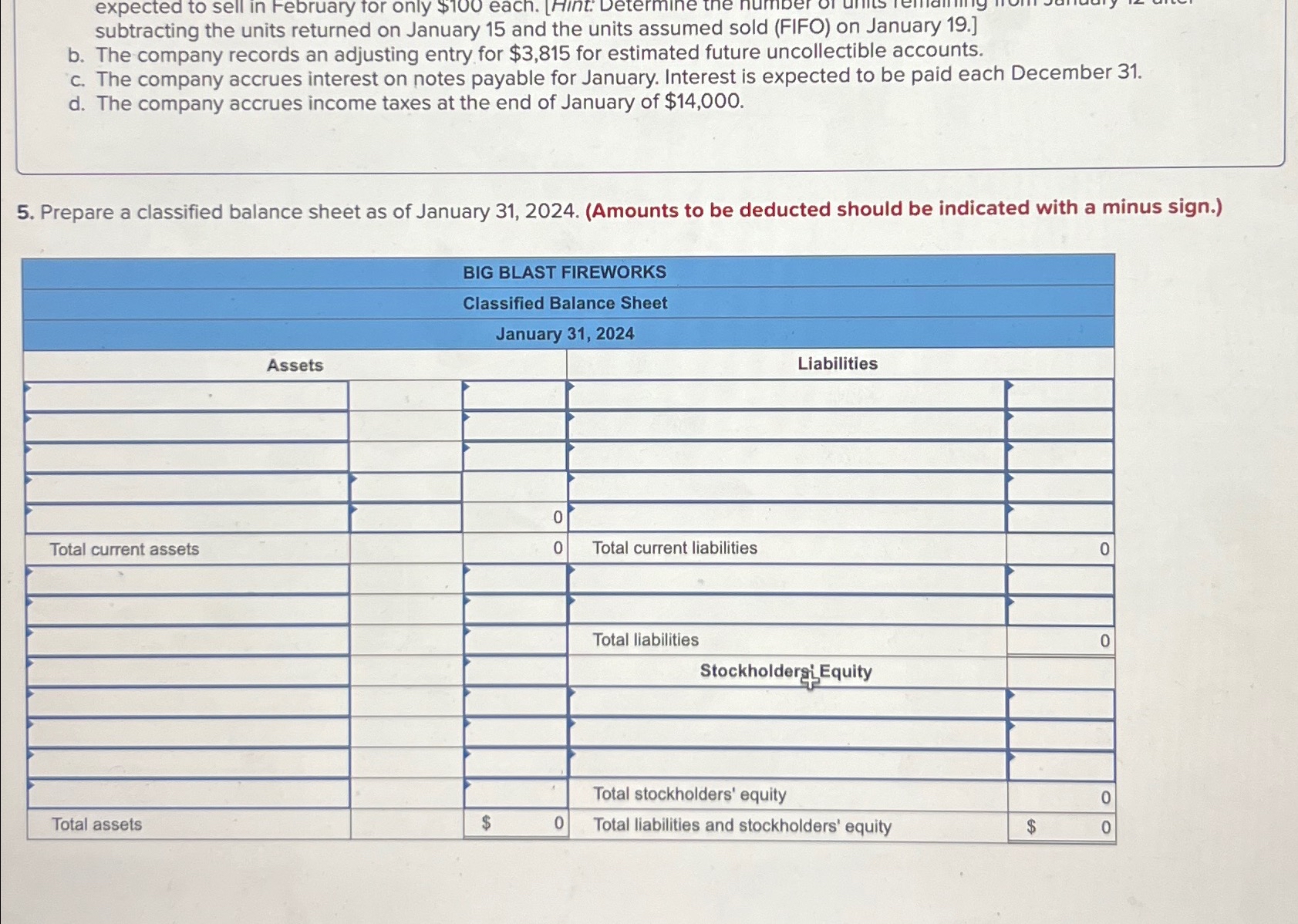  Required information On January 1,2024, the general ledger of Big Blast