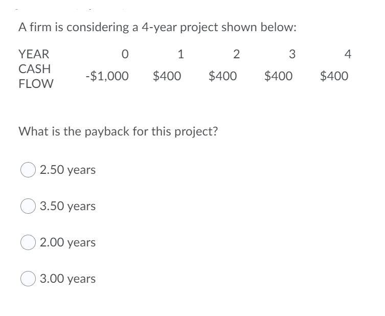  A firm is considering a 4-year project shown below: 0 1