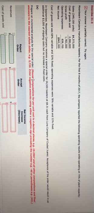  Exercise 21-3 Your answer is partially correct. Try again. Moonbeam Company