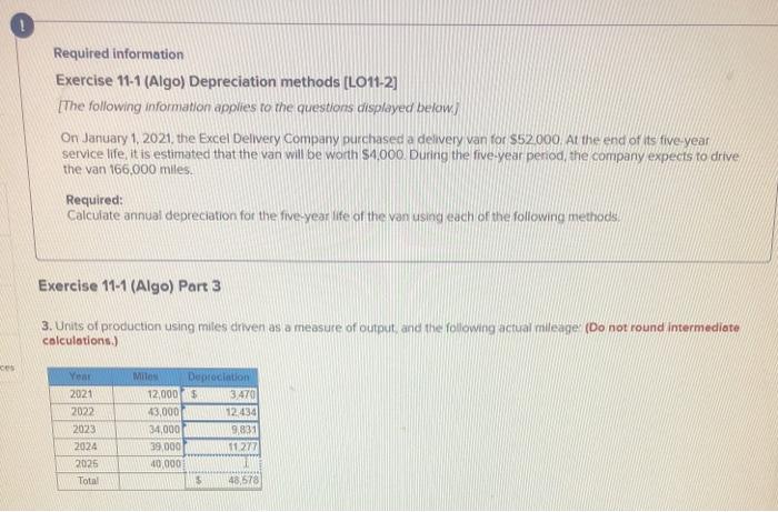 help Required information Exercise 11-1 (Algo) Depreciation methods (L011-2] [The following information