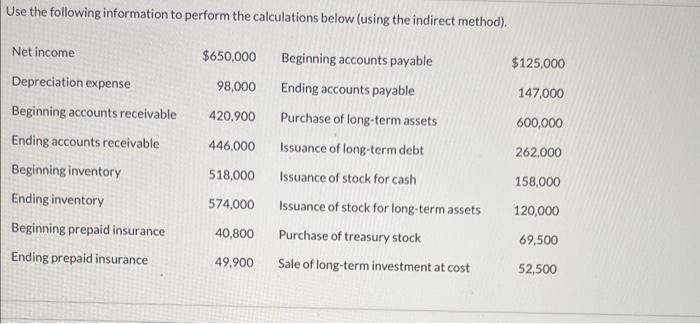  Use the following information to perform the calculations below (using the