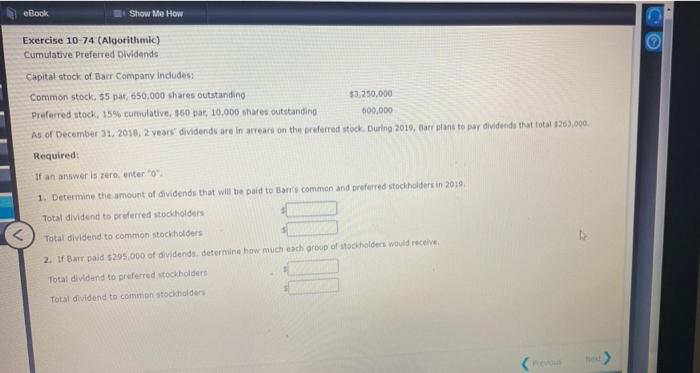 eBook Show Me How Exercise 10 74 (Algorithmic) Cumulative Preferred Dividends