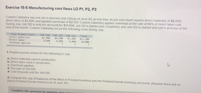  Exercise 15-5 Manufacturing cost flows LO P1, P2, P3 Custom Cabinetry