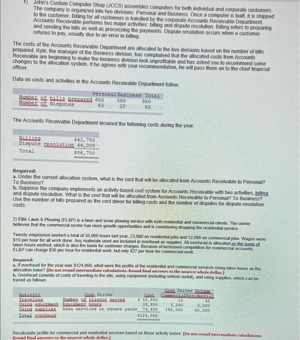  1) John's Custom Computer Shop (JCCS) assembles computers for both individual