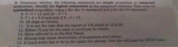  B. Determine whether the following statements are simple proposition or compound