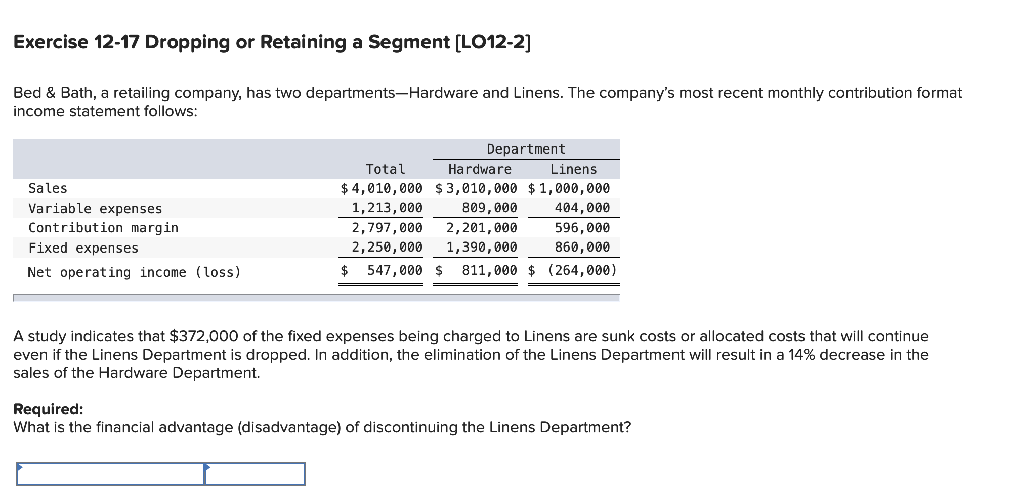  Exercise 12-17 Dropping or Retaining a Segment (LO12-2] Bed & Bath,