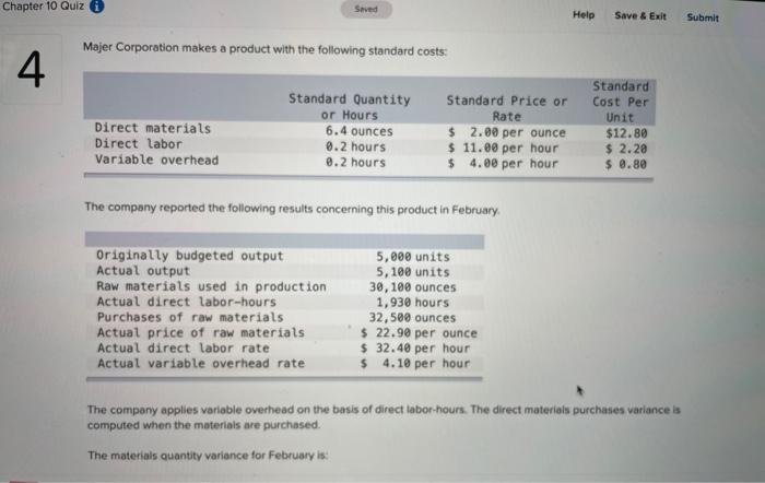  Chapter 10 Quiz Saved Help Save & Exit Submit Majer Corporation