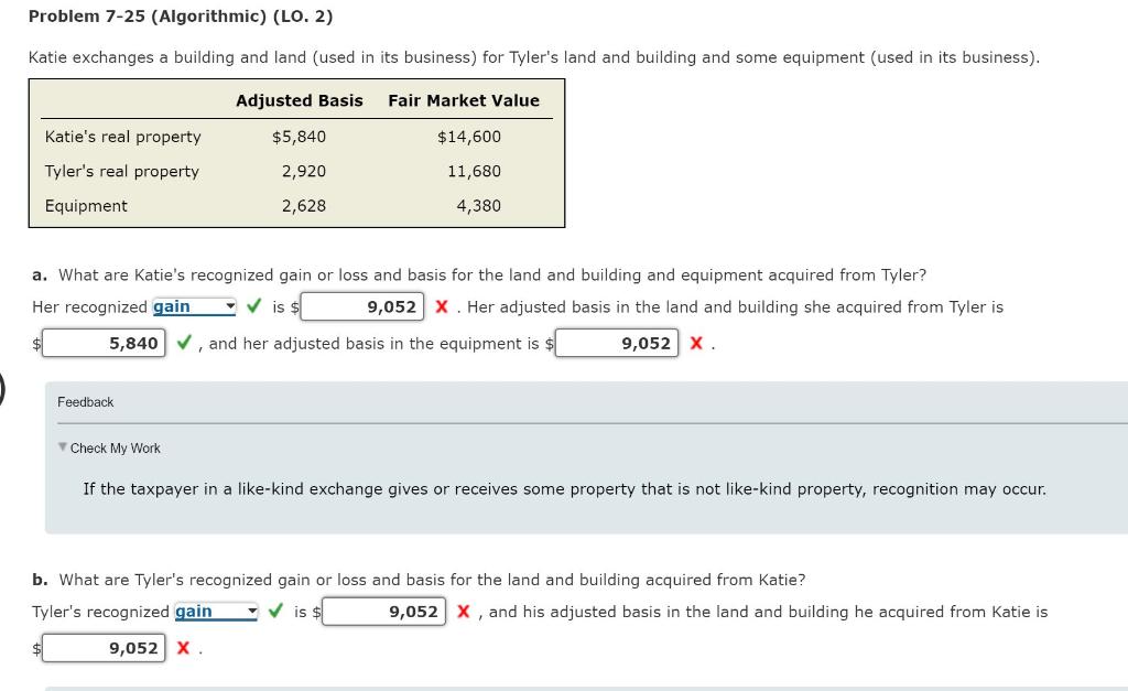  Problem 7-25 (Algorithmic) (LO. 2) Katie exchanges a building and land