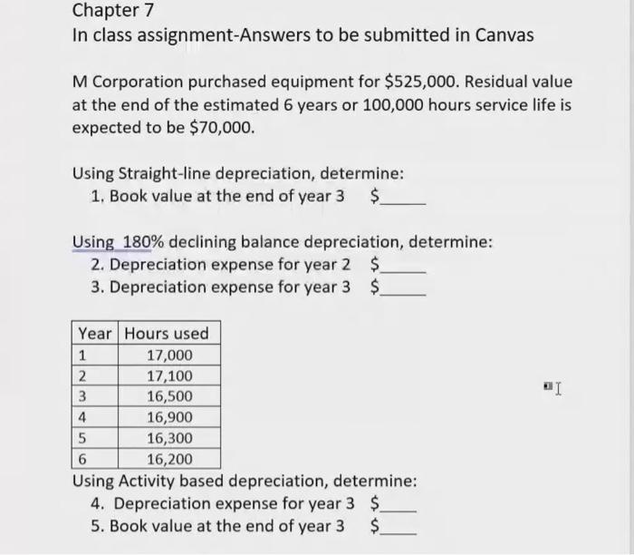 answer as soon as possible please Chapter 7 In class assignment-Answers to