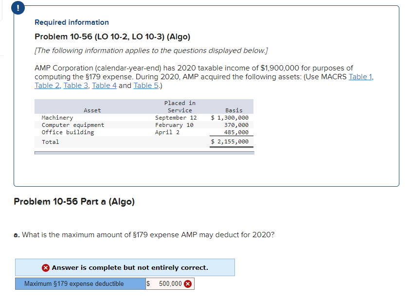 ! Required information Problem 10-56 (LO 10-2, LO 10-3) (Algo) [The