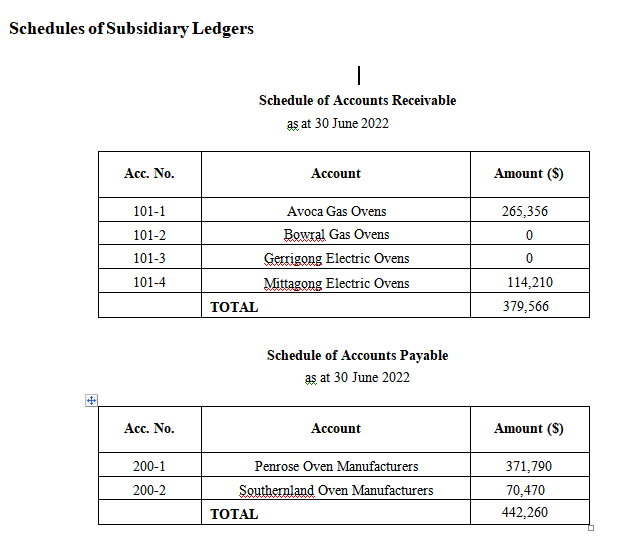 based on the Trial Balance as at 30 June 2022, Schedule of