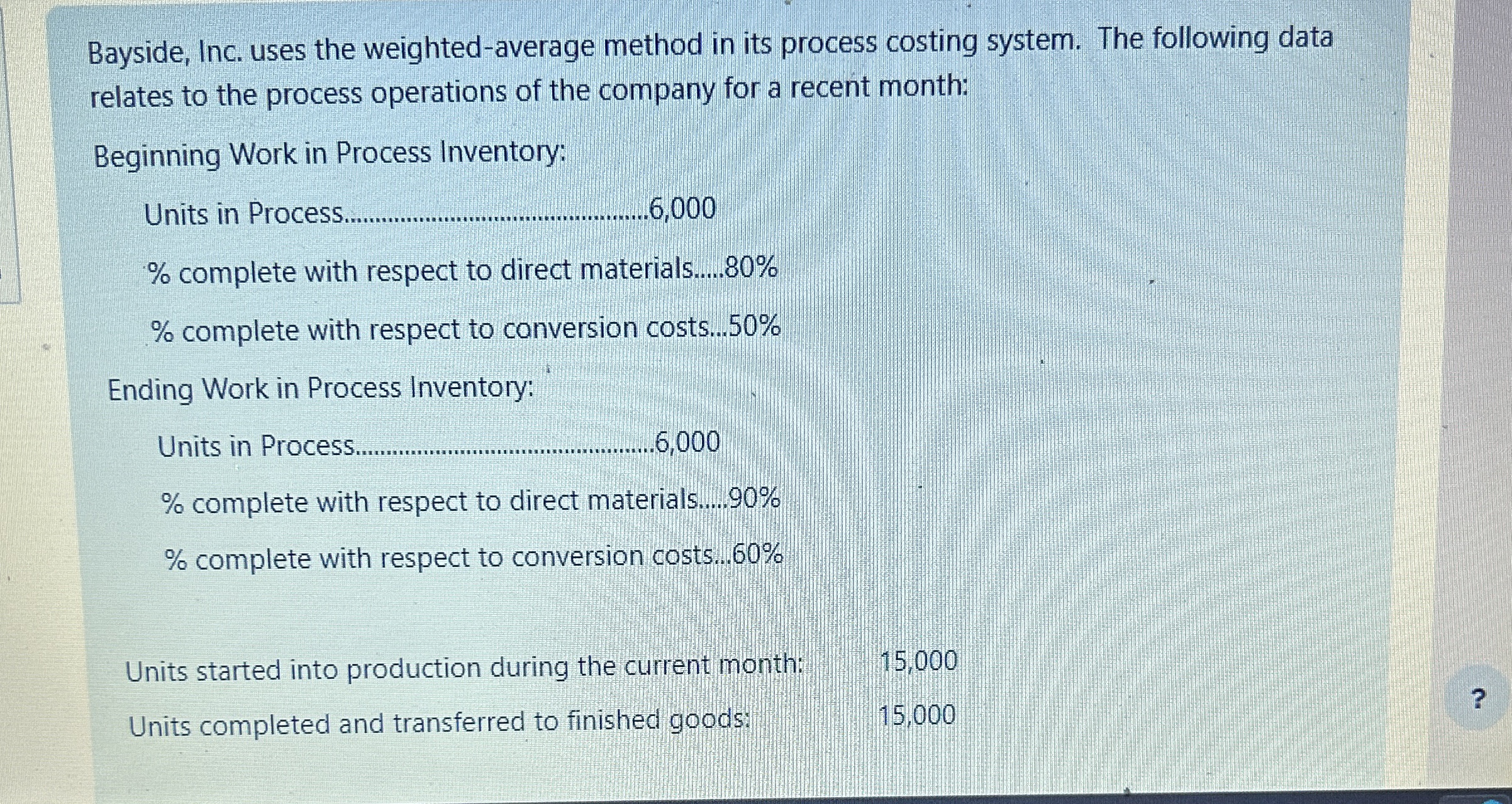 Bayside, Inc. uses the weighted-average method in its process costing system.