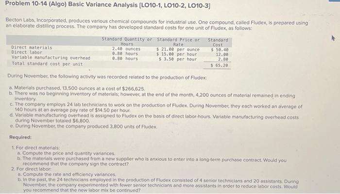  Problem 10-14 (Algo) Basic Variance Analysis [LO10-1, LO10-2, LO10-3] Becton Labs,