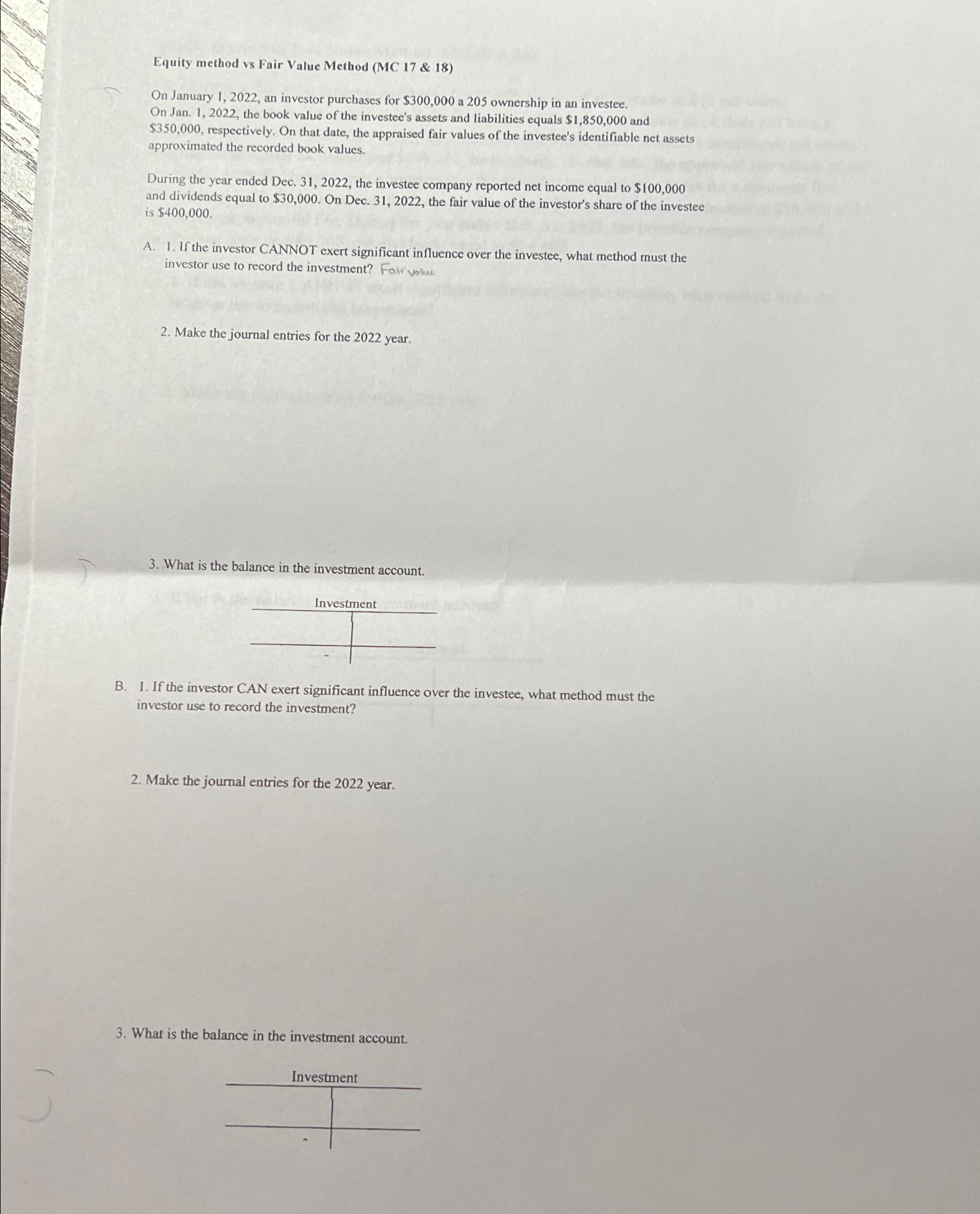  Equity method vs Fair Value Method (MC 17 & 18) On