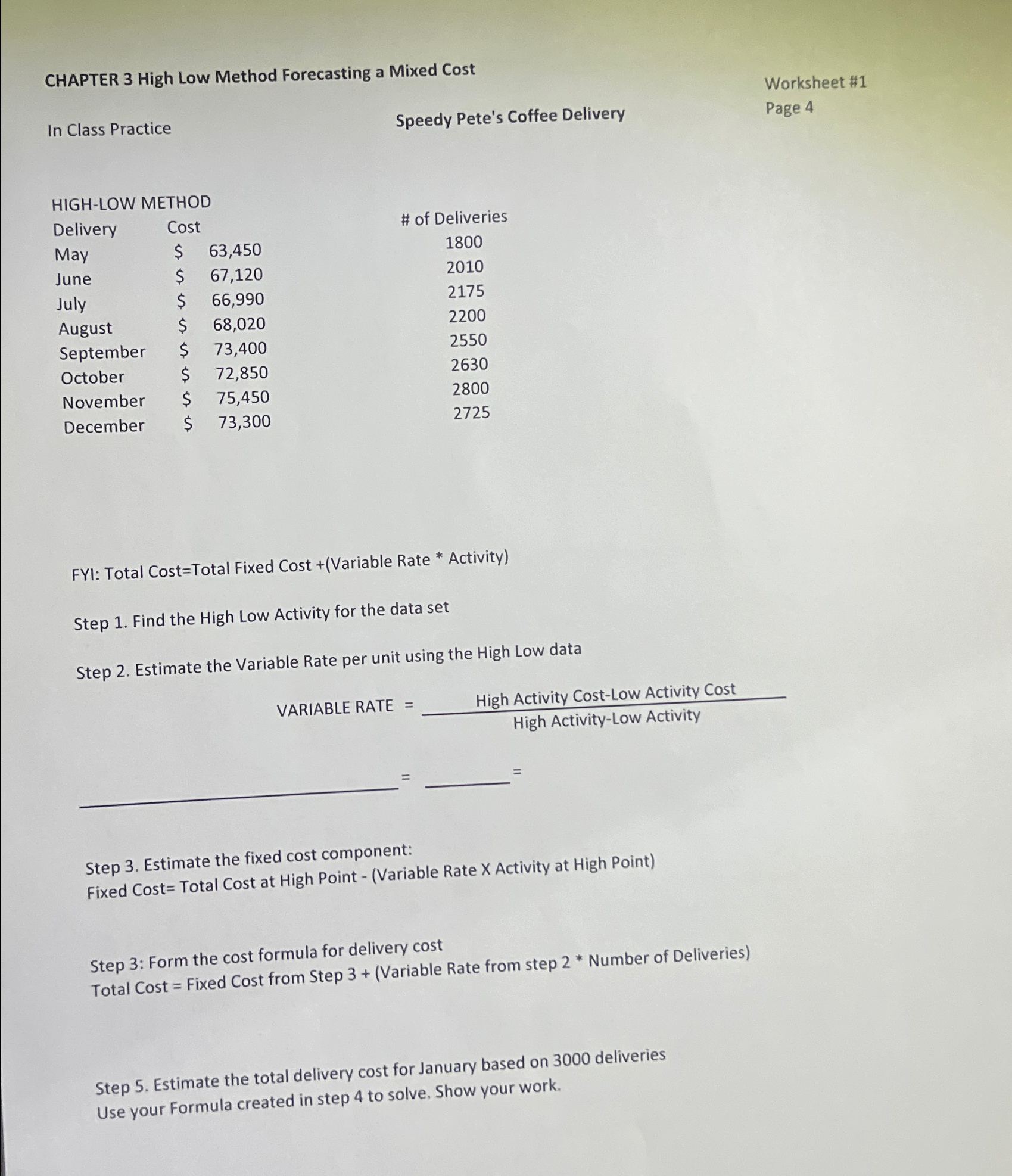  CHAPTER 3 High Low Method Forecasting a Mixed Cost Worksheet #1