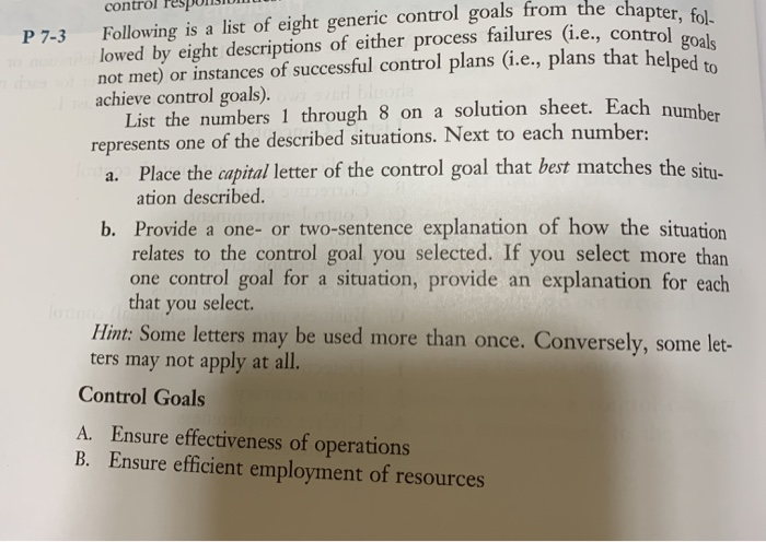  from the chapter, fol- 6.e., control goals P 7-3 control responsum