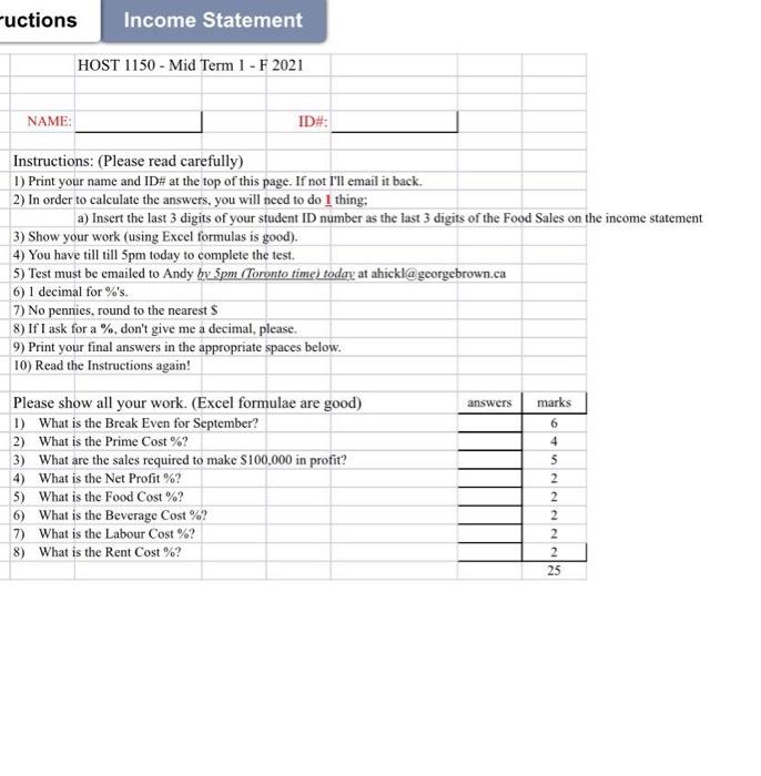 Id: 922 Puctions Income Statement HOST 1150 - Mid Term 1 -