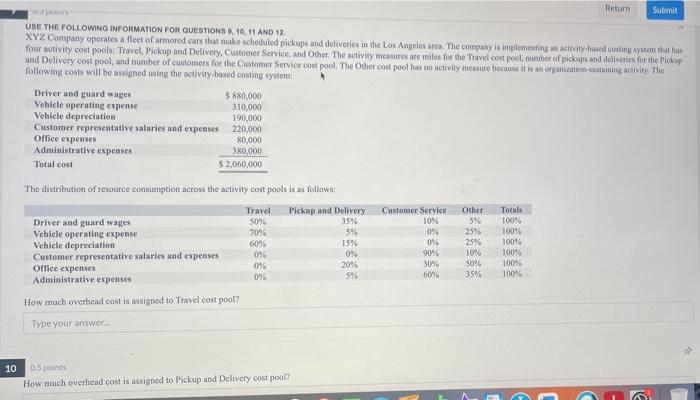  Return Submit USE THE FOLLOWING INFORMATION FOR QUESTIONS 9, 10, 11