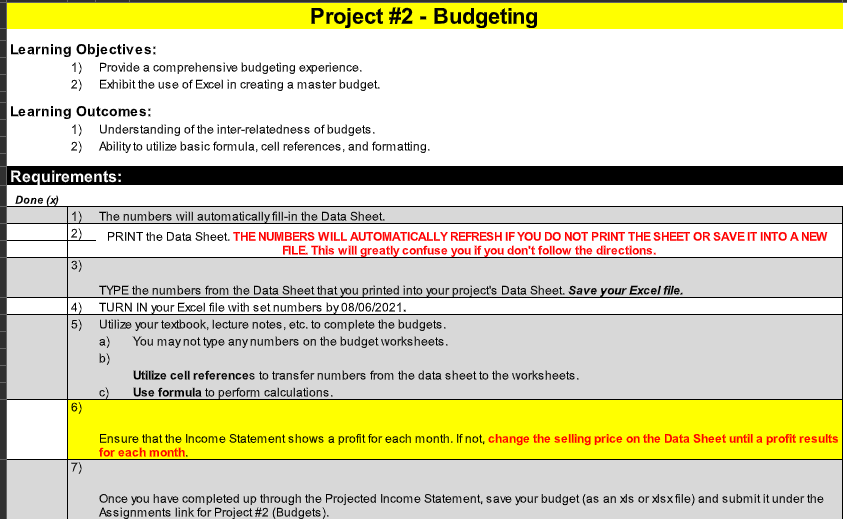 Project #2 - Budgeting Learning Objectives: 1) Provide a comprehensive budgeting