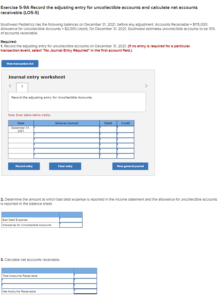 accounts and calculate net accounts receivable (LO5-5) Physicians' Hospital has the following