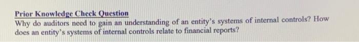  Prior Knowledge Check Question Why do auditors need to gain an
