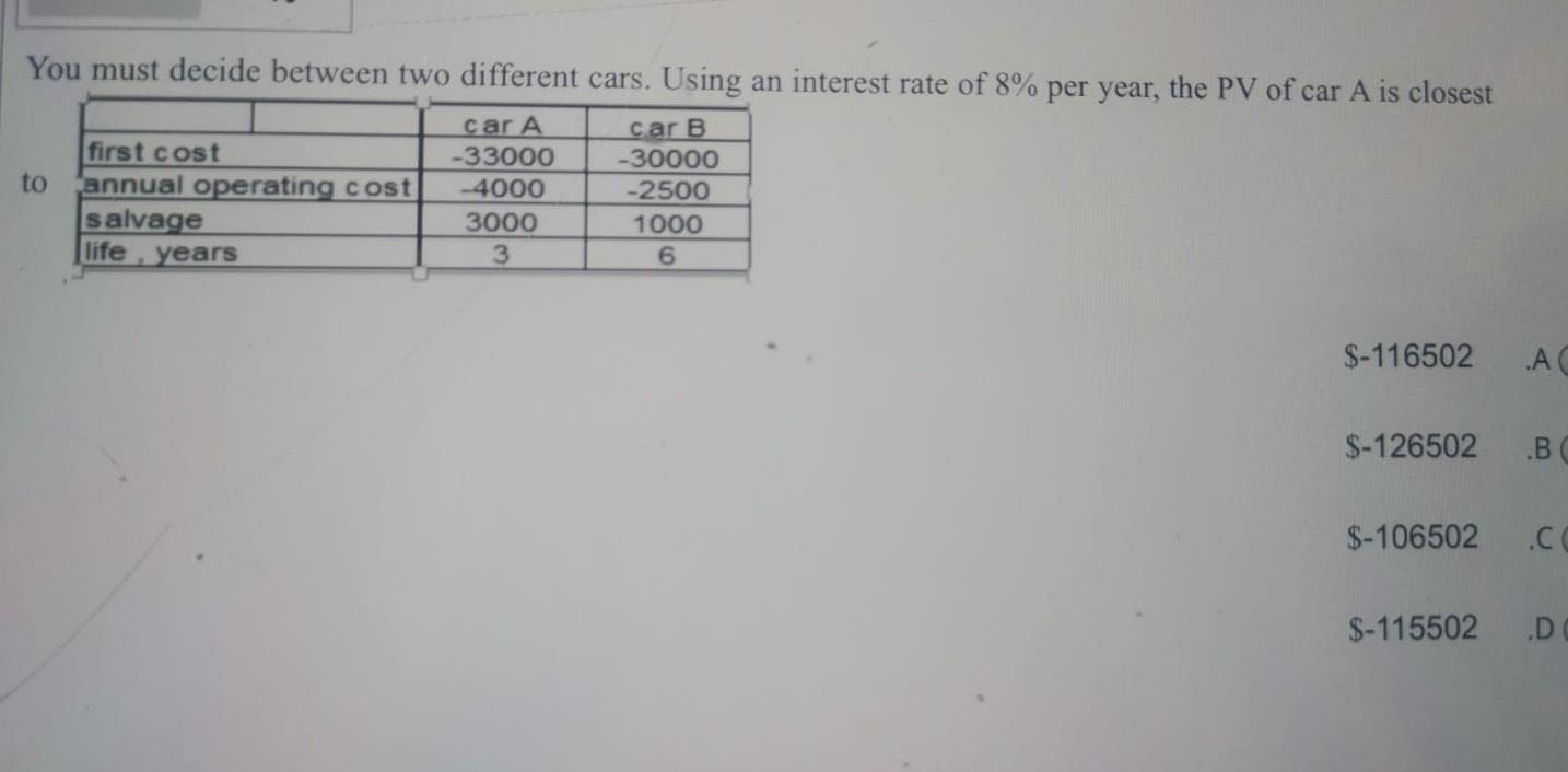  You must decide between two different cars. Using an interest rate