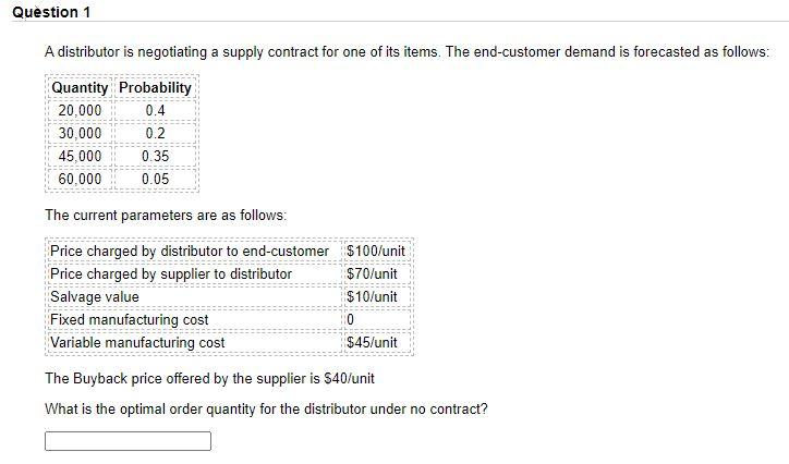  Question 1 A distributor is negotiating a supply contract for one