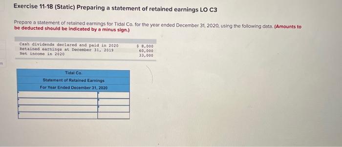  Exercise 11-18 (Static) Preparing a statement of retained earnings LO C3